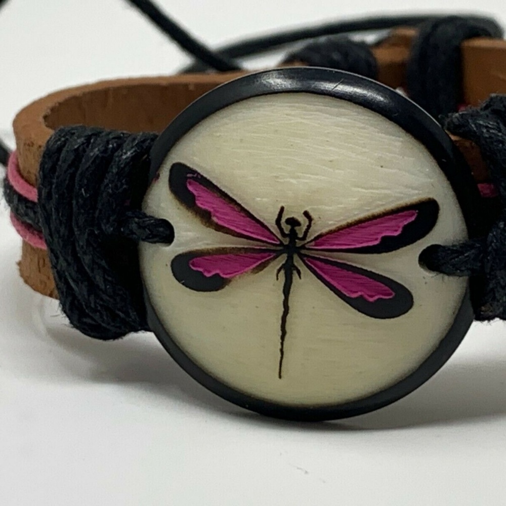 VEGAN Leather Tagua Nut DRAGON FLY Bracelet